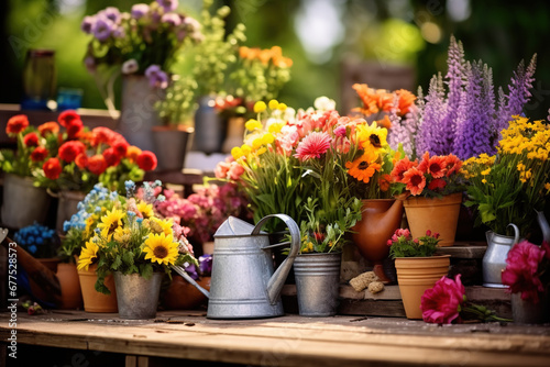 Gardening, different spring and summer flowers, gardening tools on garden table © Boraryn