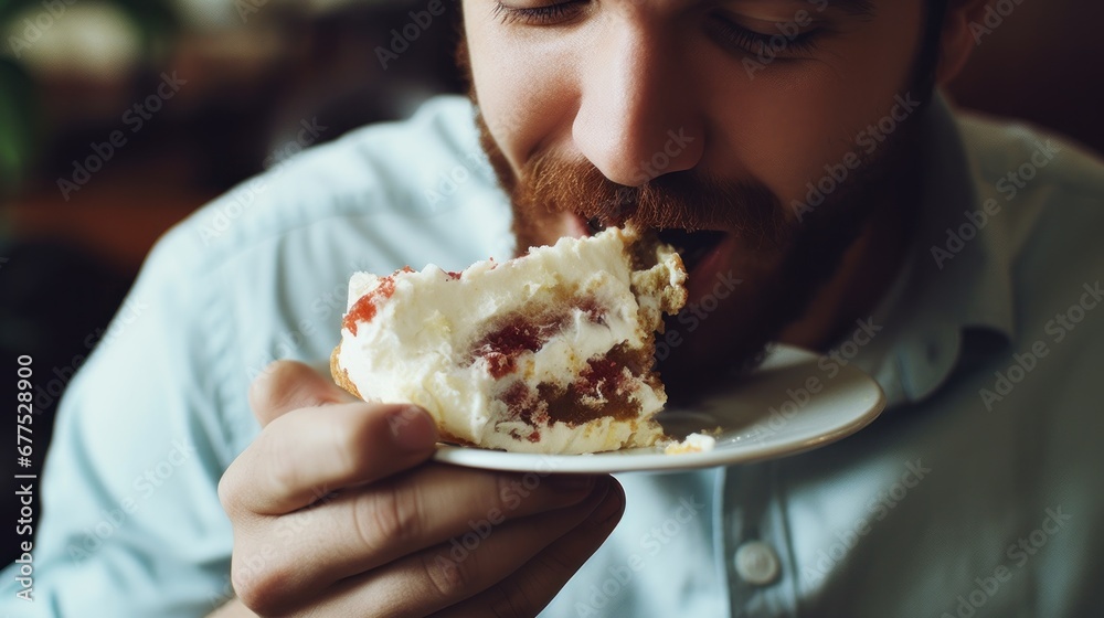 Happy man biting cream cake in the cafe closeup
