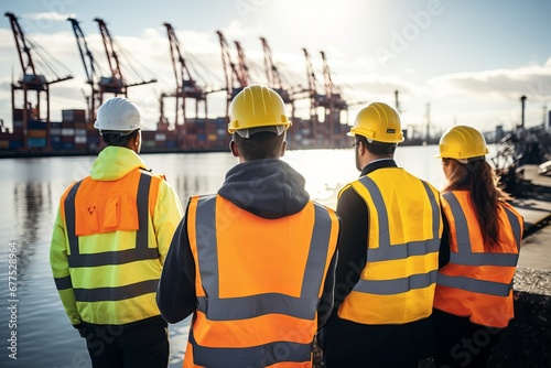 group of people from back wearing safety jackets in the ship harbor area