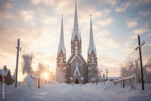 Church Steeples in Snow - Generative AI photo