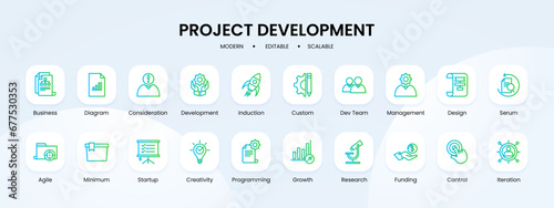 Project development icon collection with blue and green gradient outline style. project, development, business, management, web, technology, process. Vector Illustration