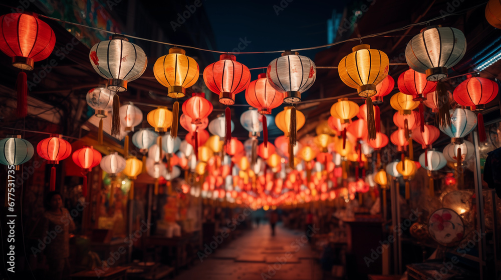Chinese lanterns in the street at night, China. Chinese lanterns during Chinese New Year at night street, people celebrating in the background