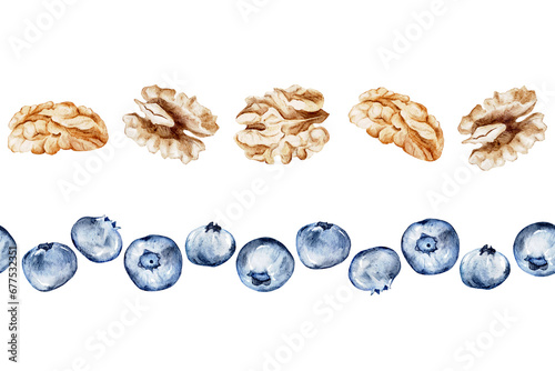 Set of two seamless borders with walnuts and blueberries. Hand drawing watercolor illustration of snacks. Healthy lifestyle concept. For cookbook, packaging, market, design of signage, shop photo