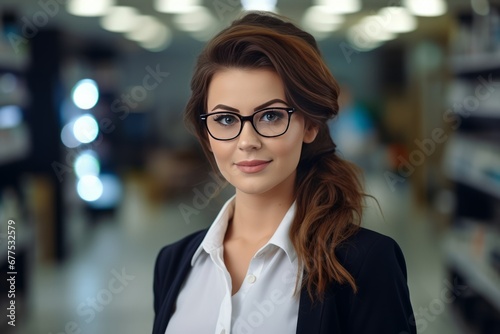 Portrait of a charming young Caucasian female pharmacist wearing glasses among shelves of medicines in a pharmacy. Experienced confident professional in the workplace. Healthcare and hygiene concept.