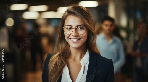 portrait of smiling attractive business woman wear formal cloth working in modern corporate office look at camera business people background