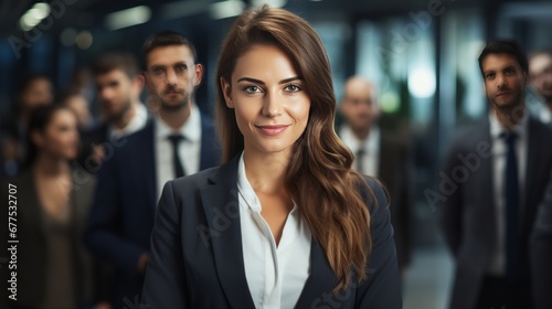portrait of smiling attractive business woman wear formal cloth working in modern corporate office look at camera business people background