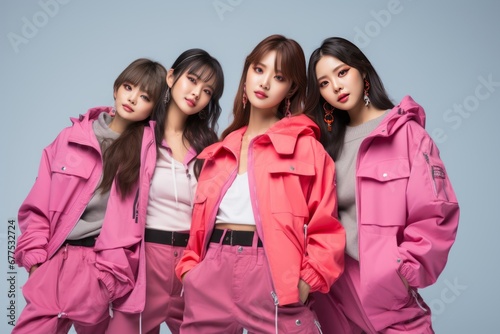 portrait fashion shoot of asian teen group wear vibrant color cloth group shot against plain wall background inspired success teen group shot