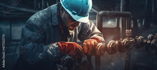 Man working on oil pipeline with hat and gloves. photo
