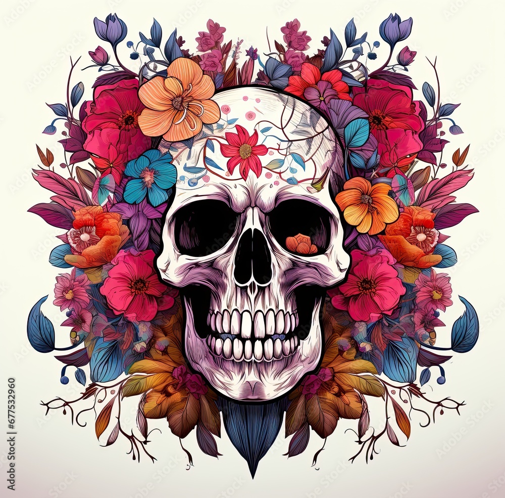Fototapeta premium Human skull design with flower around.