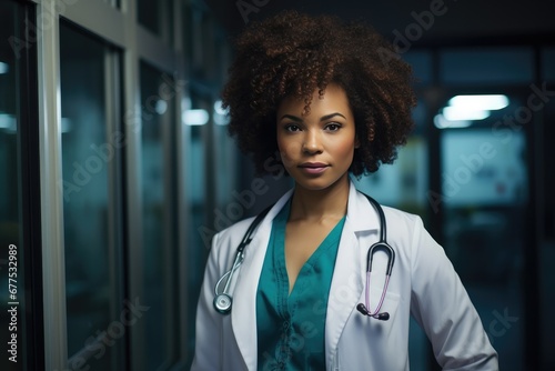 Young Afro american female doctor standing, smiling, look at camera, blur hospital background.