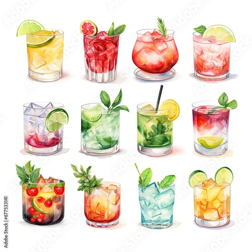 Set of cocktails summer drinks on white background.