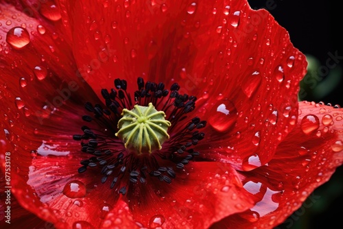 closeup of a blooming red poppy flower with dew drops