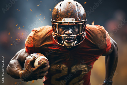 Close-up of professional American football player running with the ball across the stadium field. Determined, powerful, skilled African American athlete ready to win the game. Blurred background. © Georgii