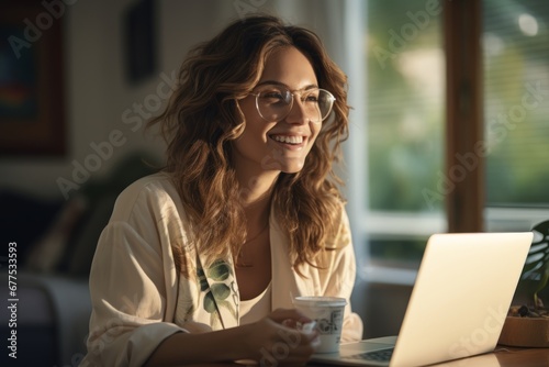 Focused young Caucasian girl sitting at table with laptop in cozy room. Female student studies online, watches webinar or learning course, participates in conference call. Online education concept.