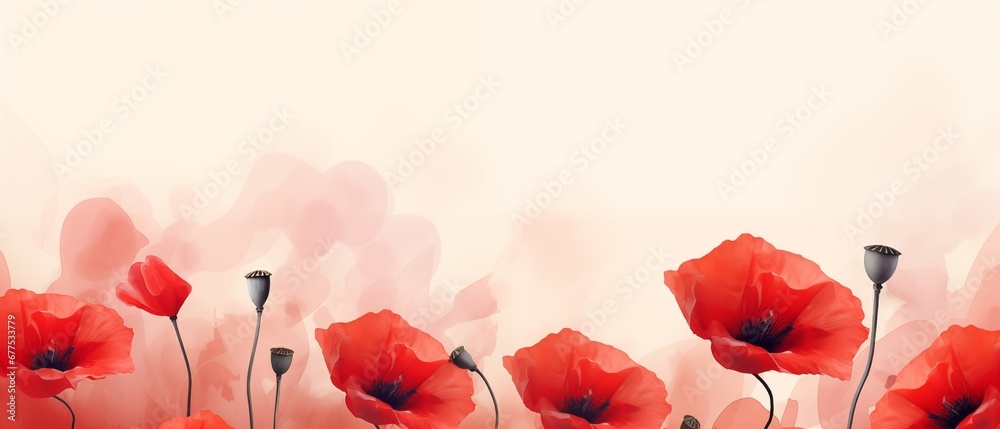 red poppy flowers on light pastel background, watercolor style