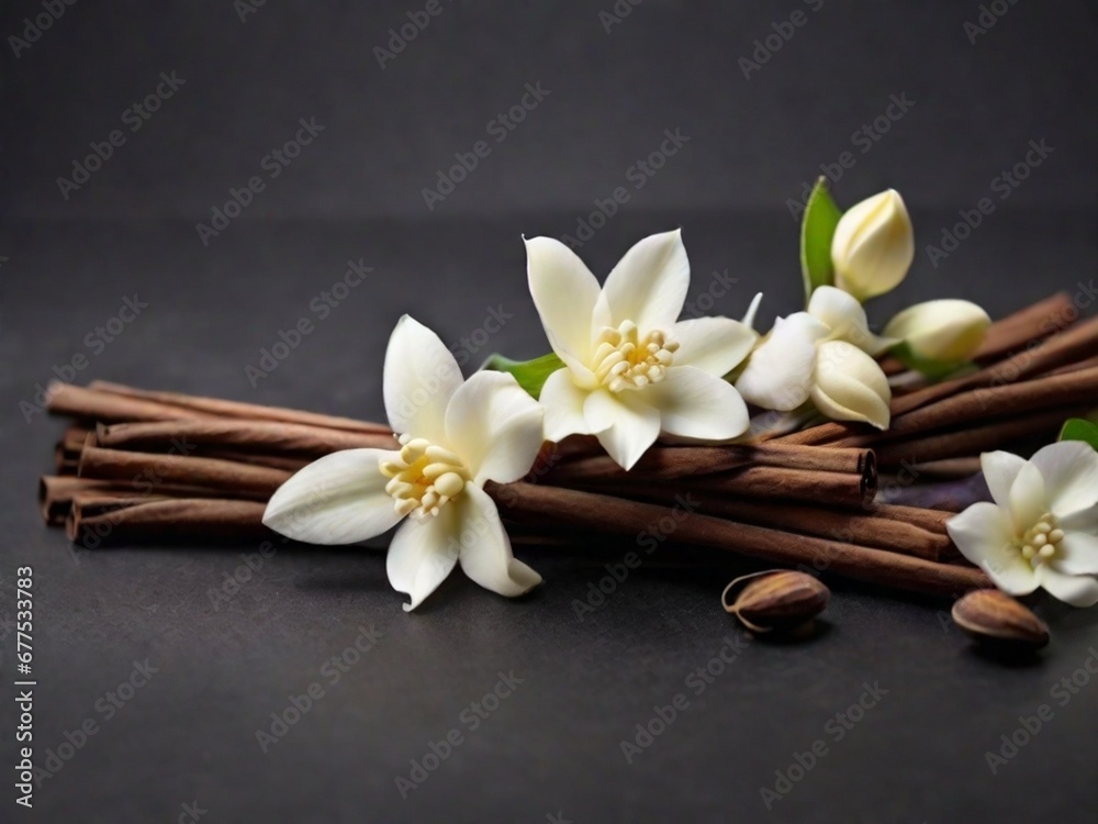 Fototapeta premium Aromatic vanilla sticks and flowers on grey background