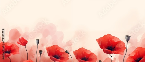 red poppy flowers on light pastel background, watercolor style