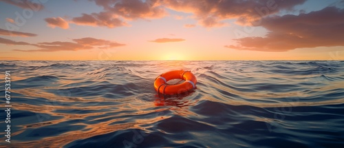 orange lifebuoy floating at sea sunset sunrise, wide horizontal banner photo