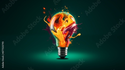 colorful lightbulb on dark green background, creative inspiration concept