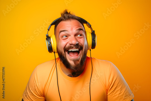studio portrait of happy gamer man wearing headphones isolated on yellow background