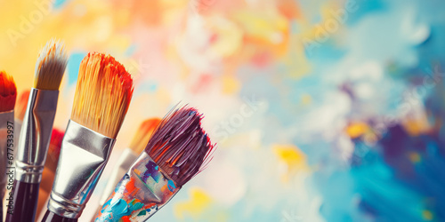 Artist used paint brushes on a colorful painter palette blackground
