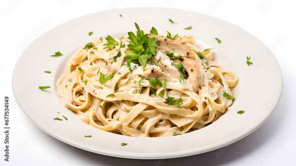 Pasta fettuccine alfredo with chicken, parmesan and parsley on white background close up.