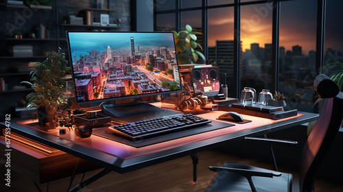 Empty gaming computer on a desk futuristic office concept