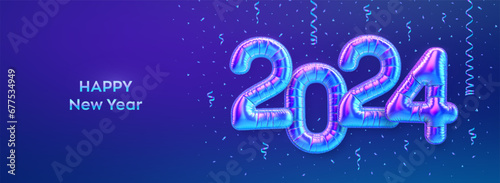 Happy New 2024 Year. Colorful foil balloon numbers on blue background. High detailed 3D iridescent foil helium balloons. Merry Christmas and Happy New Year 2024 greeting card. Vector illustration. photo
