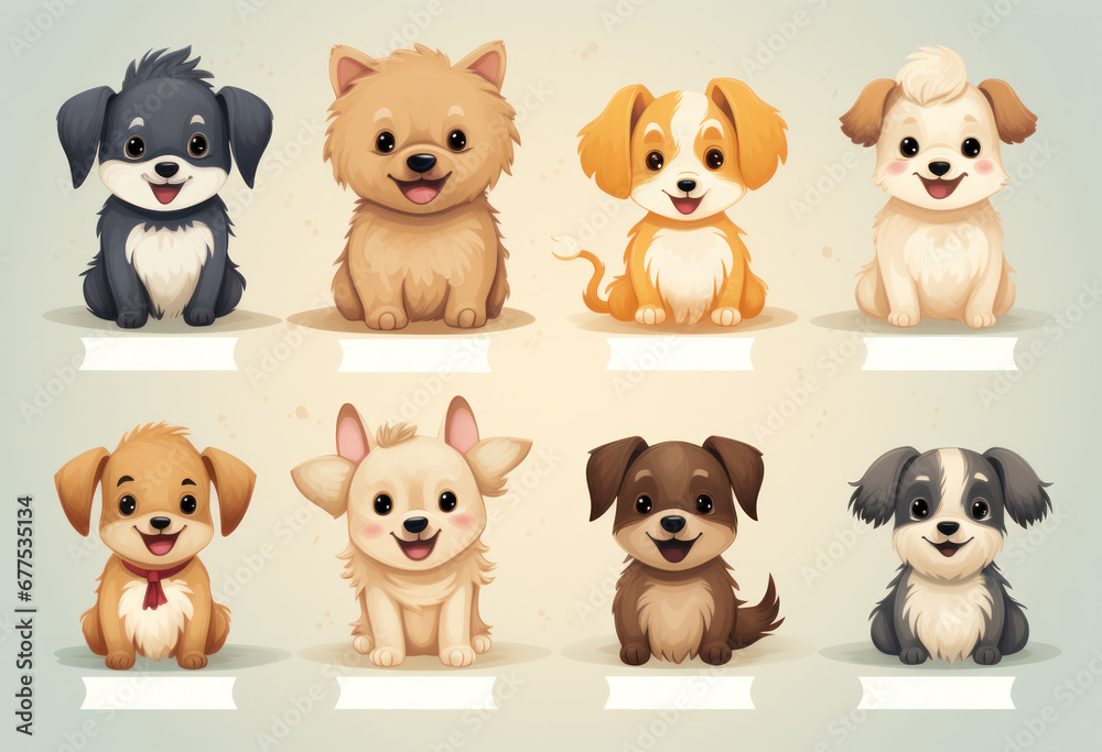 A set of cool cartoon dog stickers featuring adorable dogs in various poses and breeds, Generative AI