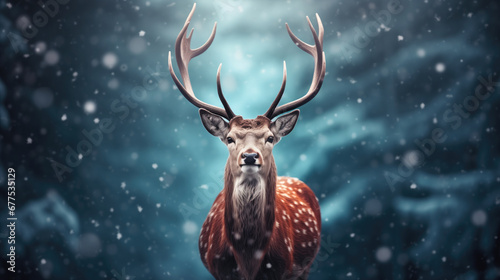 Noble deer in winter forest. Autumn scene with reindeer. Snowy winter christmas landscape photo