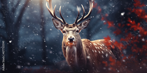 Noble deer in winter forest. Autumn scene with reindeer. Snowy winter christmas landscape