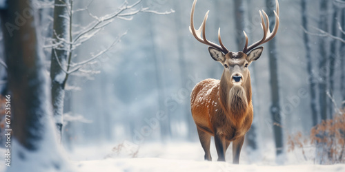 Noble deer in winter forest. Autumn scene with reindeer. Snowy winter christmas landscape