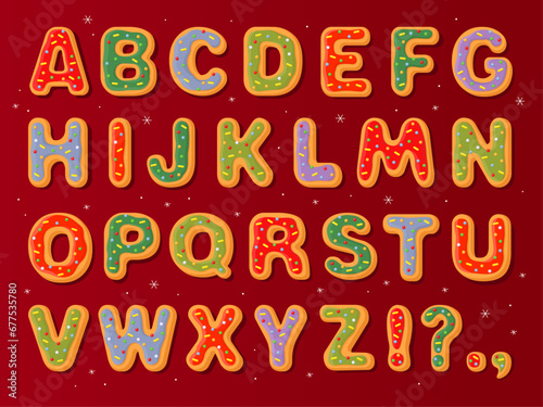 New Year's gingerbread cookies in the form of letters. English alphabet, bold uneven funny font for Christmas card, flyer, banner, poster. Multi-colored holiday gingerbread cookies on a red background