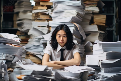 Tired business woman sitting in front of pile of thick paper.