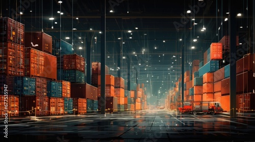 Container shipping warehouse at night.