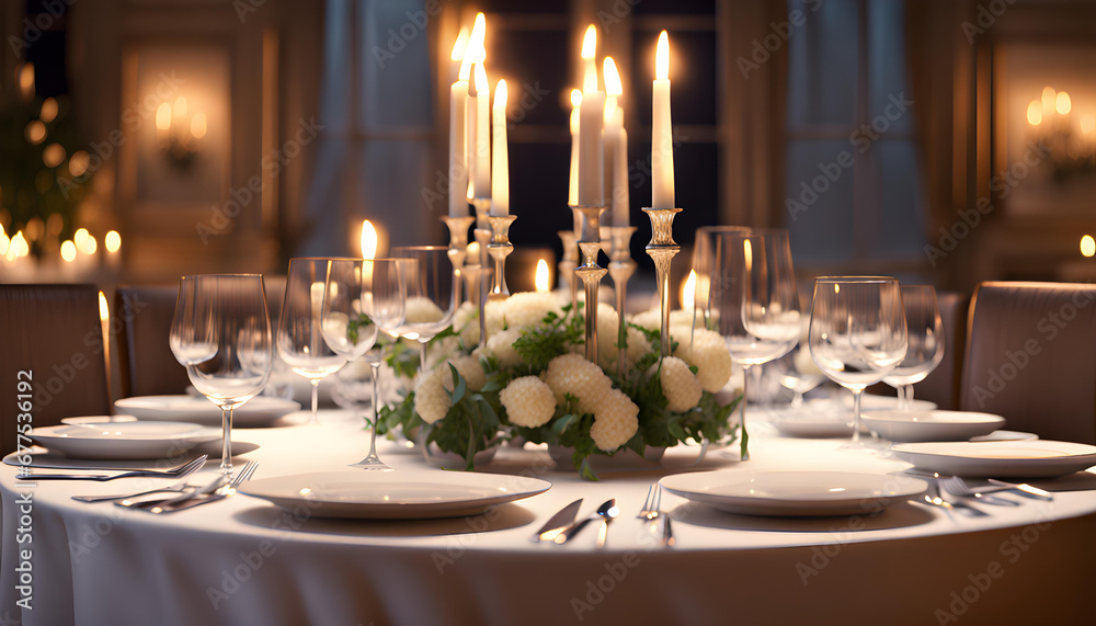 Fototapeta premium Elegant candlelight dinner table setting at reception