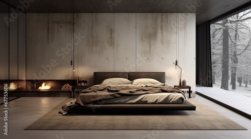 Bedroom with concrete floors and modern light bed. photo