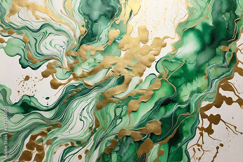 Green paints spilled on paper. Golden shiny veins and Liquid marble texture