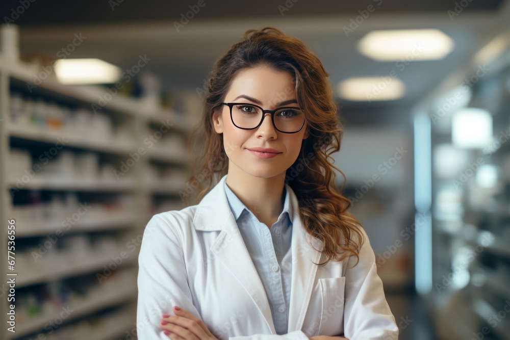 Fototapeta premium Portrait of a charming young Caucasian female pharmacist wearing glasses among shelves of medicines in a pharmacy. Experienced confident professional in the workplace. Healthcare and hygiene concept.