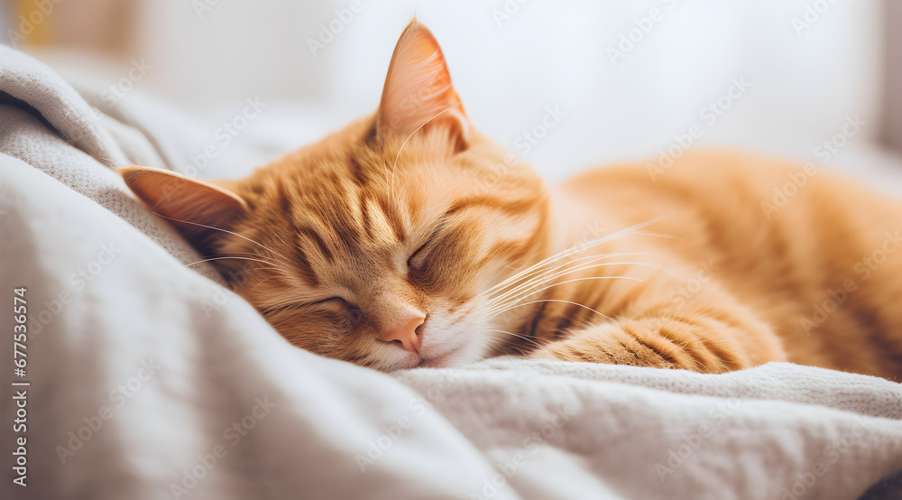 Orange and white cat snuggled under a grey blanket, peacefully resting on a bed.