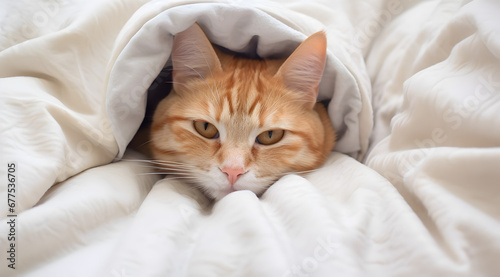 Orange and white cat snuggled under a grey blanket, peacefully resting on a bed. photo