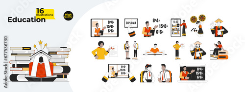 Education studying line cartoon flat illustration bundle. Diverse people school college students 2D lineart characters isolated on white background. Distance learning vector color image collection