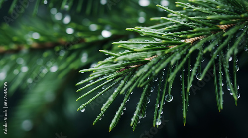 Close up view of a spruce branch with drops after rain