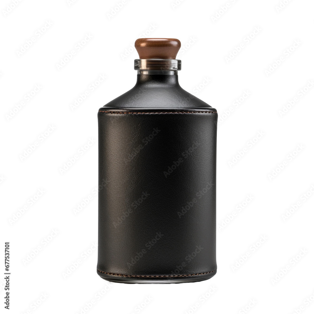 Black leather covered bottle isolated on transparent background Black leather covered bottle isolated on transparent background