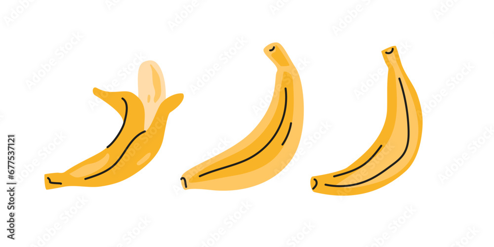 Banana set in simple childish style with doodle pattern. Yellow peeled hand drawn fruit. Vector illustration.