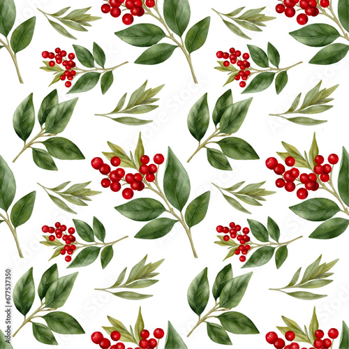 Seamless pattern with red berries and green leaves. Pattern for New Year napkins, Christmas fabric, wrapping paper, wallpaper 