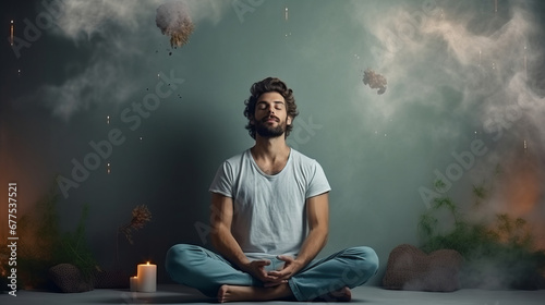 Collage photo of calm peaceful man that is sitting and relaxing against wall and with smoke photo