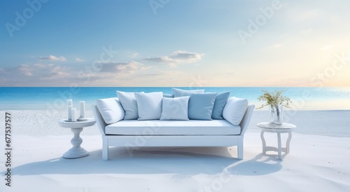 Furniture and beach luxury home with sky-blue, tranquil gardenscapes, poolcore. © Goojournoon
