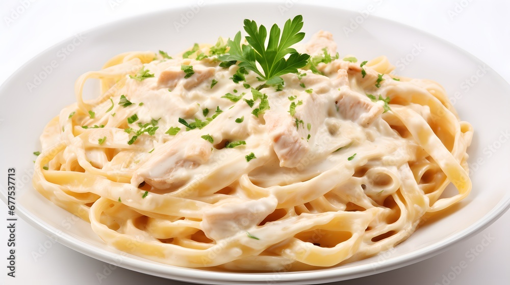 Pasta fettuccine alfredo with chicken, parmesan and parsley on white background close up. Pasta fettuccine alfredo with chicken, parmesan and parsley on white background close up.