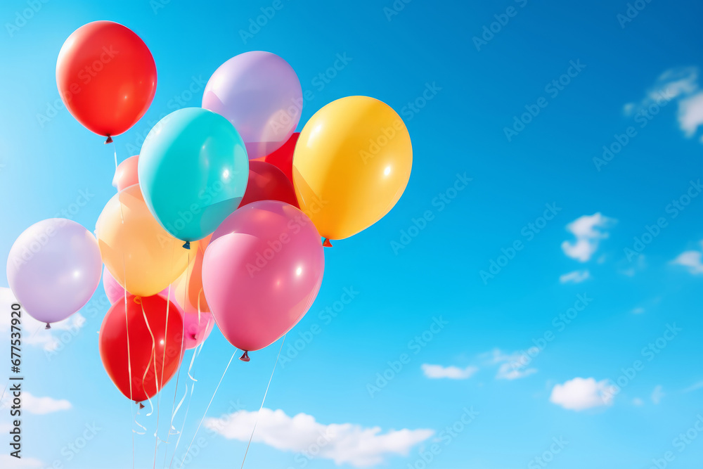 Colorful balloons floating on blue sky, background Colorful balloons floating on blue sky, background